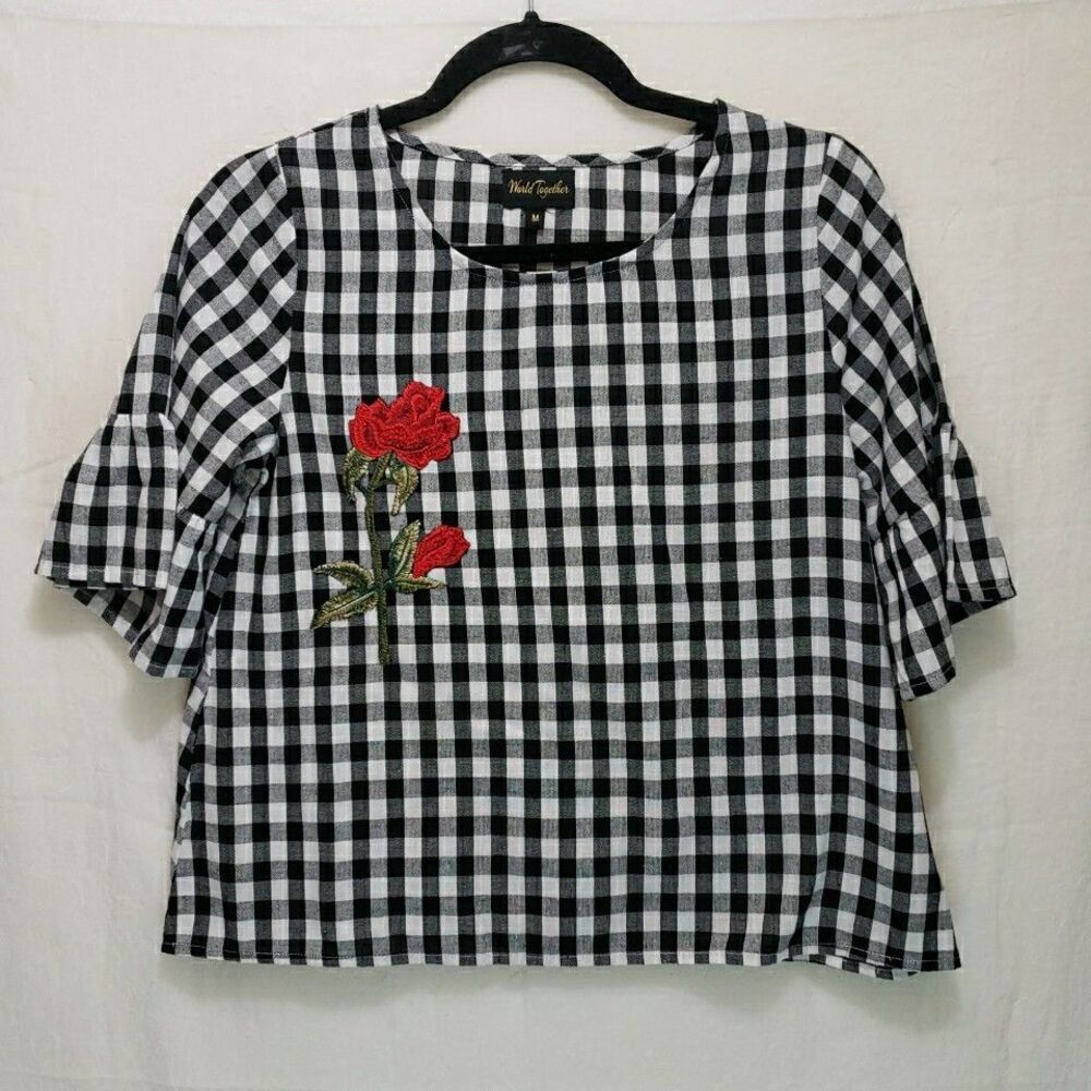 World Together Size M Black White Gingham Top Embroidered Rose Bell Sleeve